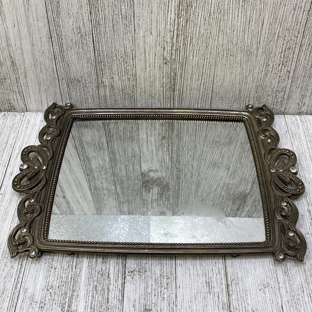 Vanity Silver Toned Rhinestone Crystal Vtg. Mirror Felt Antique
